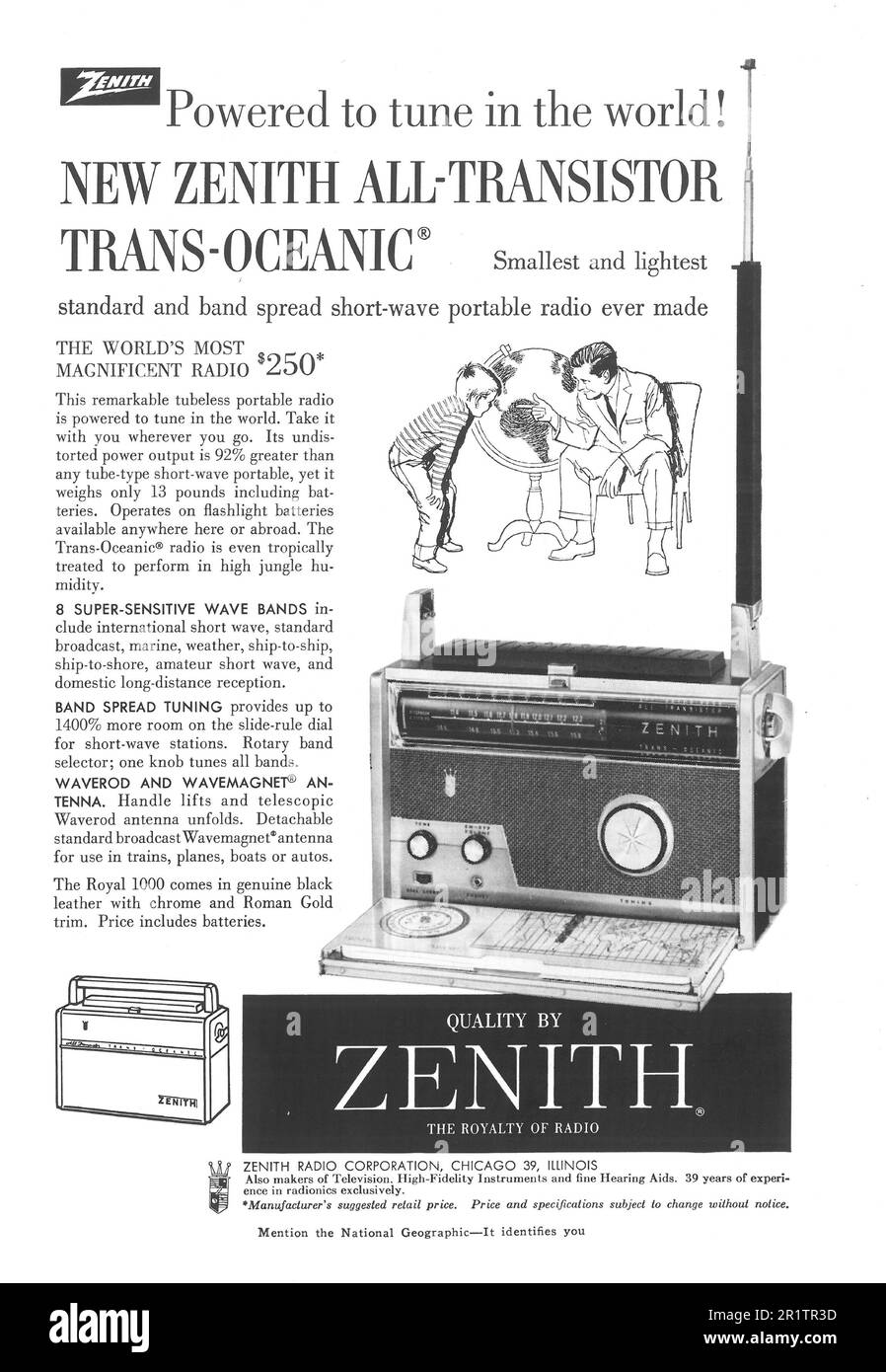 Zenith Trans-oceanic portable radio advert in a Natgeo magazine, 1958 Stock Photo