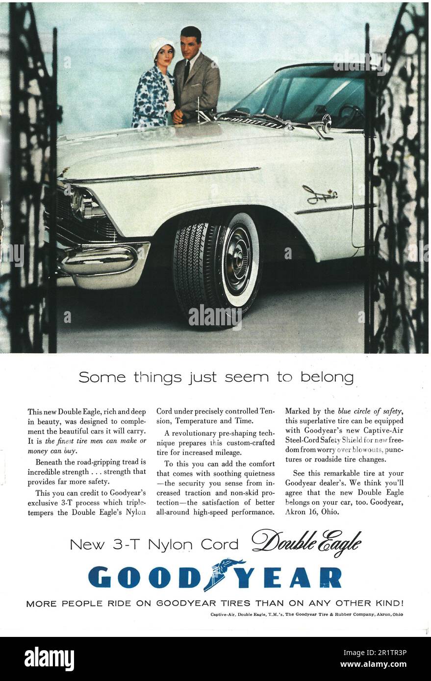 Goodyear Nylon tire Double Eagle tires tyre tyres advert in a Natgeo magazine, July 1958 Stock Photo