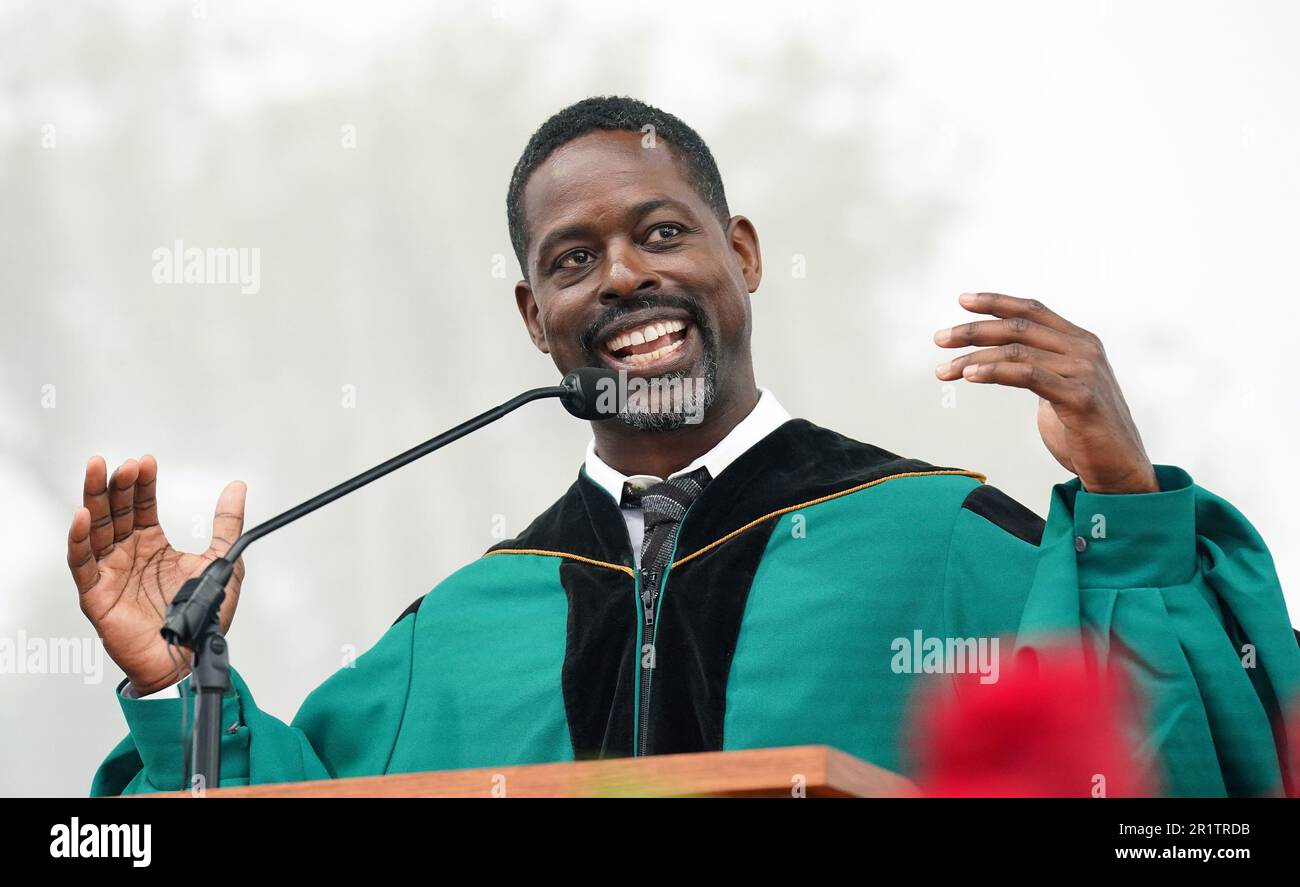 St. Louis, United States. 15th May, 2023. Actor Sterling K. Brown makes his remarks before