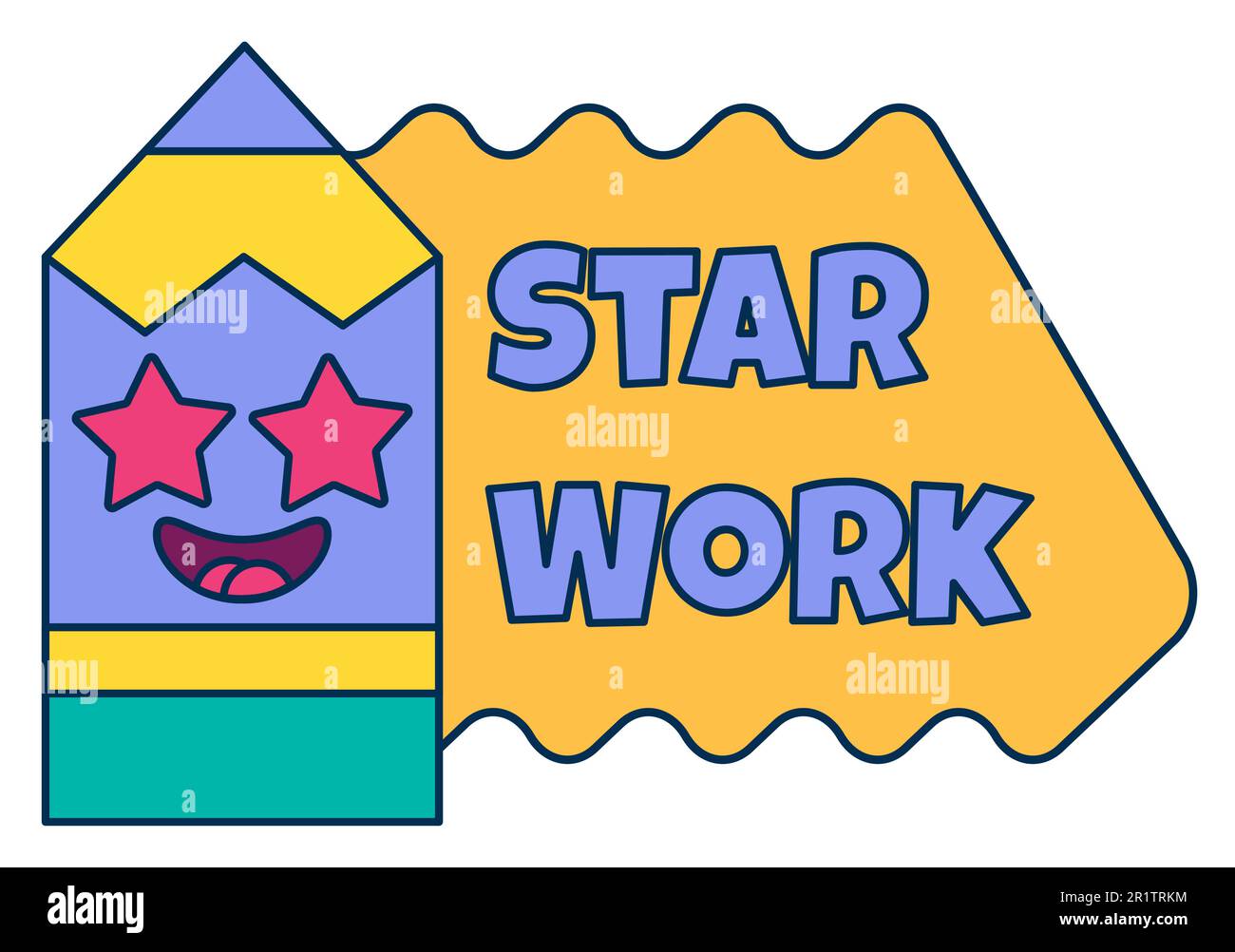 Star work teacher reward sticker, cute cartoon school award with smiling pencil. Encouragement sign for elementary or primary school pupils. Vector il Stock Vector