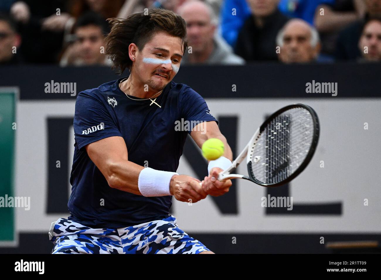 Rome, Italy. 15th May, 2023. Jeffrey John JJ Wolf of United States of America in action during his match against Alexander Zverev of Germany at the Internazionali BNL d'Italia tennis tournament at Foro Italico in Rome, Italy on May 15th, 2023. Credit: Insidefoto di andrea staccioli/Alamy Live News Stock Photo