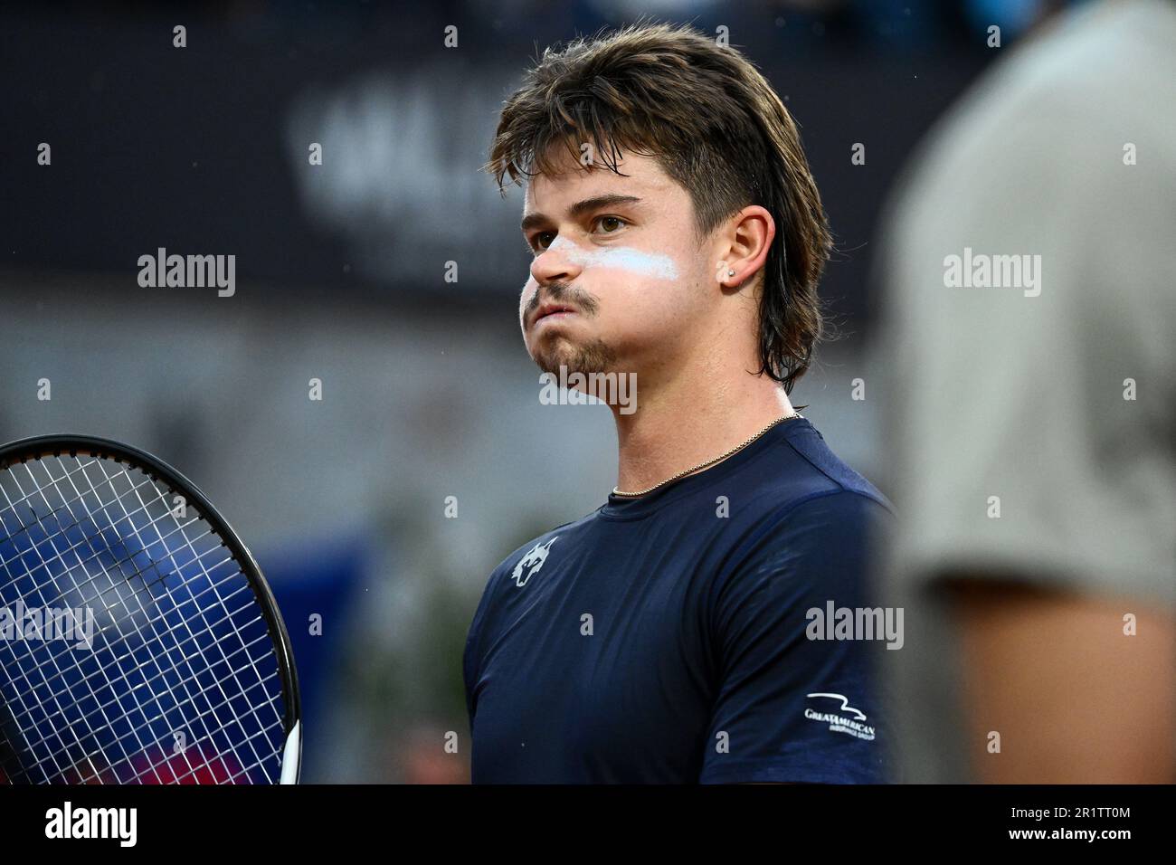Rome, Italy. 15th May, 2023. Jeffrey John JJ Wolf of United States of America reacts during his match against Alexander Zverev of Germany at the Internazionali BNL d'Italia tennis tournament at Foro Italico in Rome, Italy on May 15th, 2023. Credit: Insidefoto di andrea staccioli/Alamy Live News Stock Photo