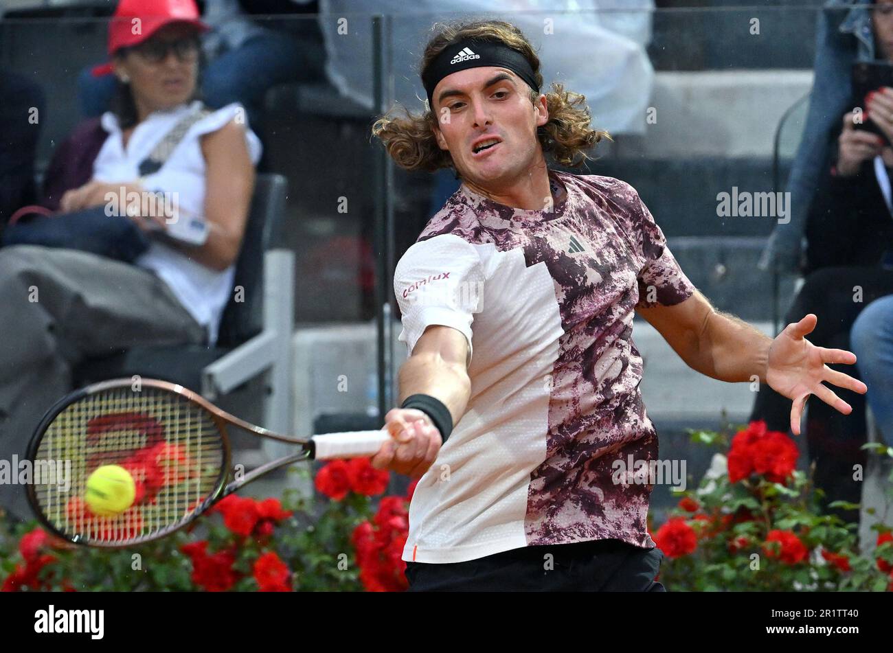 May 16, 2023, ROME: Lorenzo Sonego of Italy celebrates a point during his  men's singles third round match against Stefanos Tsitsipas of Greece (not  pictured) at the Italian Open tennis tournament in