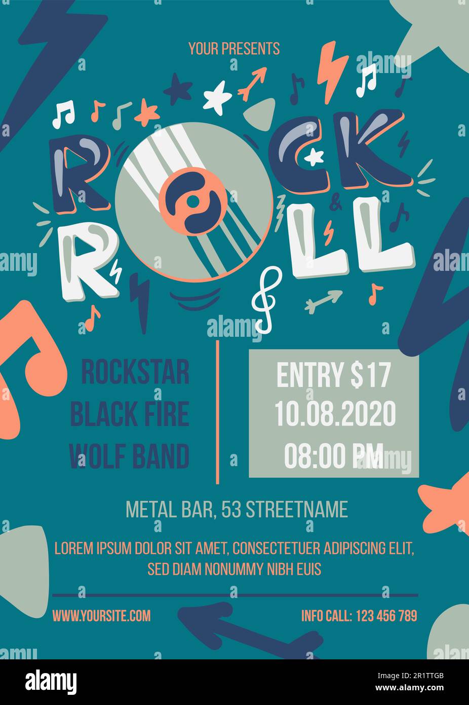 Rock and roll party vector poster template. Entertainment event web