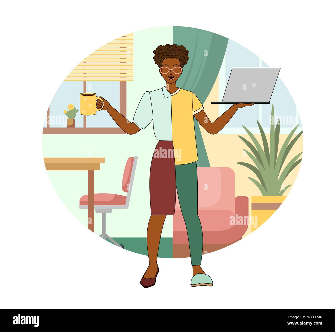 Dark-skinned girl in hybrid clothes,formal suit and homemade clothes with laptop in her hands against the backdrop of a working office and home cozy Stock Vector