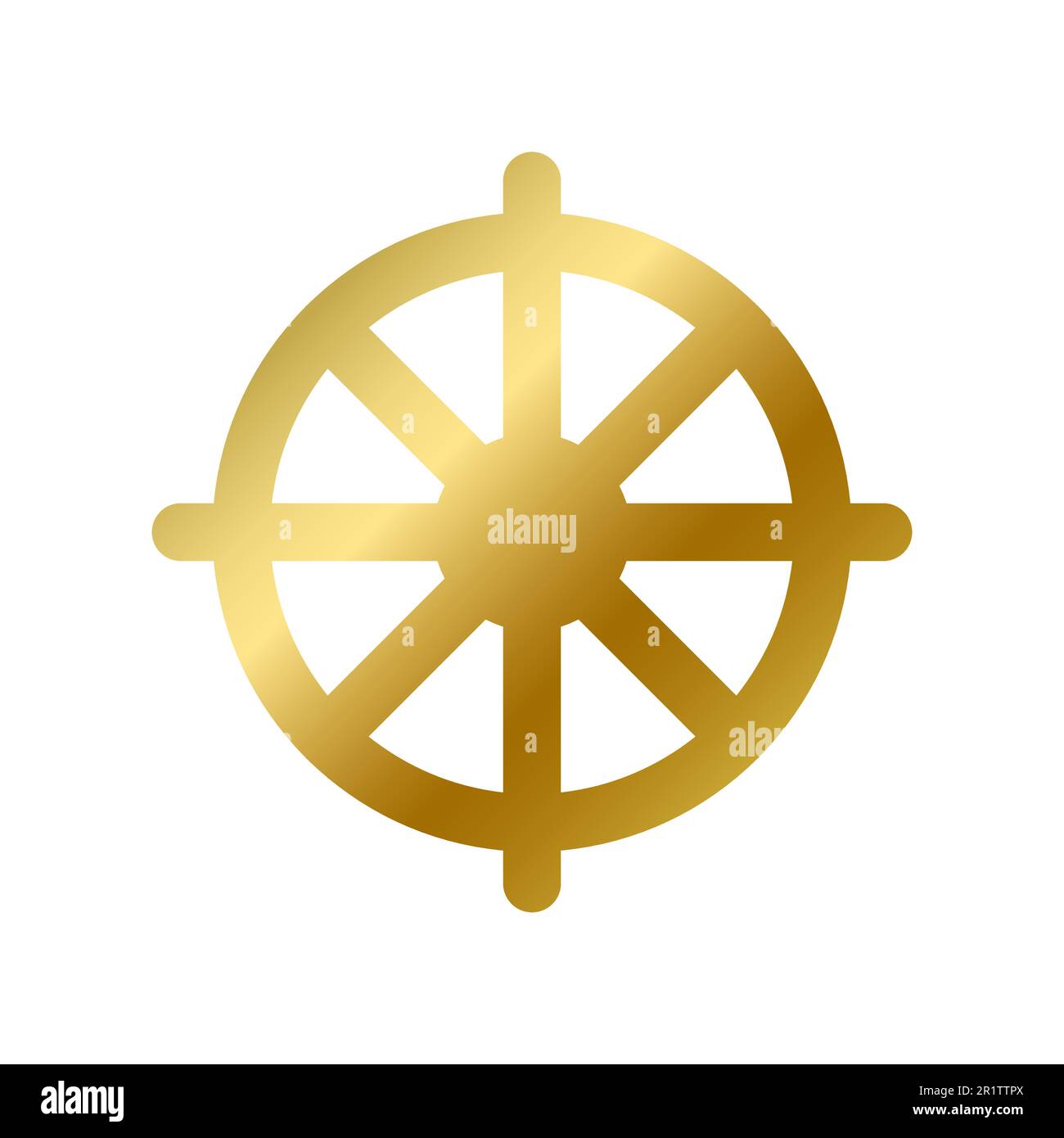 Dharma chakra symbol isolated. Buddhism religious golden sign outline on white background vector design illustration. Shiny gold wheel. Buddha, religi Stock Vector