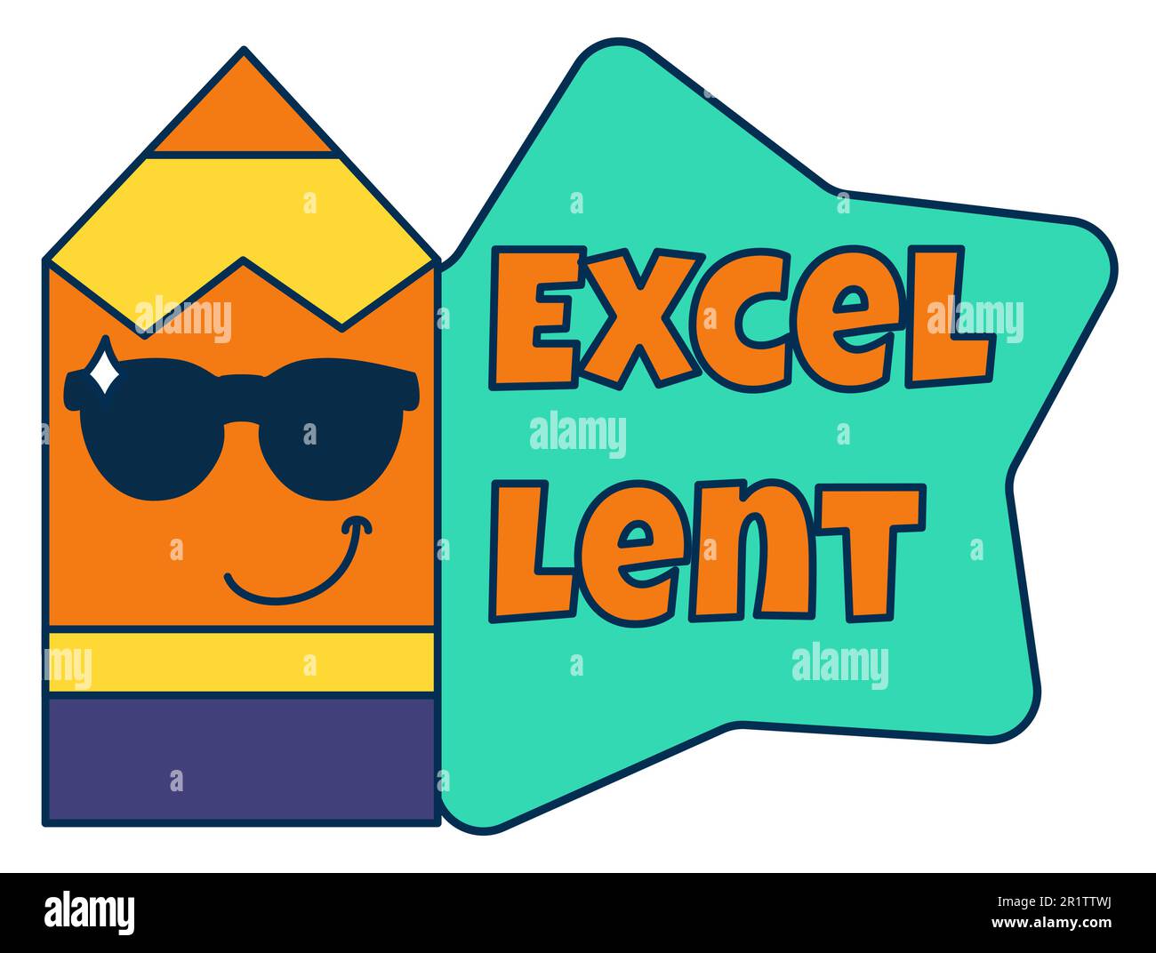 Excellent teacher reward sticker, cute cartoon school award with smiling pencil. Encouragement sign for elementary or primary school pupils. Vector il Stock Vector