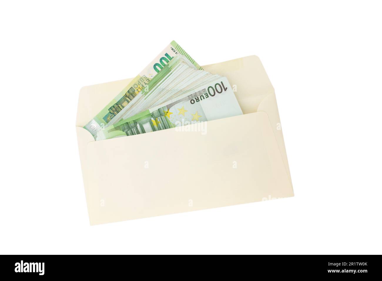 hundred euro banknotes in a beige envelope isolated on white background ...