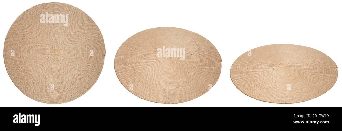 Circle rug made with jute rope in 3 different angles isolated on white ...