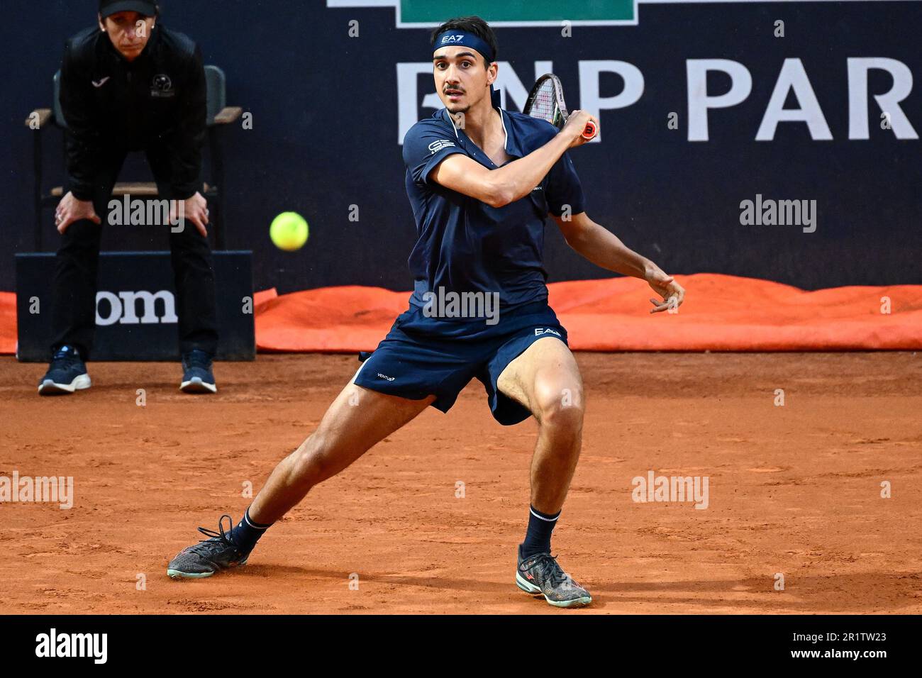 May 16, 2023, ROME: Lorenzo Sonego of Italy celebrates a point during his  men's singles third round match against Stefanos Tsitsipas of Greece (not  pictured) at the Italian Open tennis tournament in