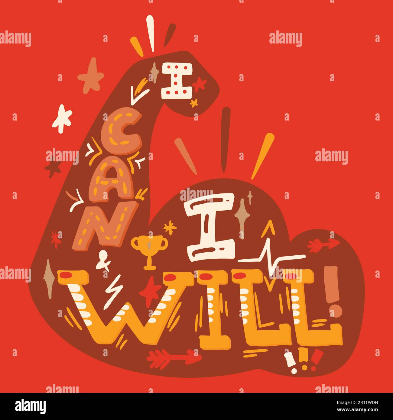 Motivational hand drawn vector lettering. Sport motivation. Bicep illustration. Inspirational