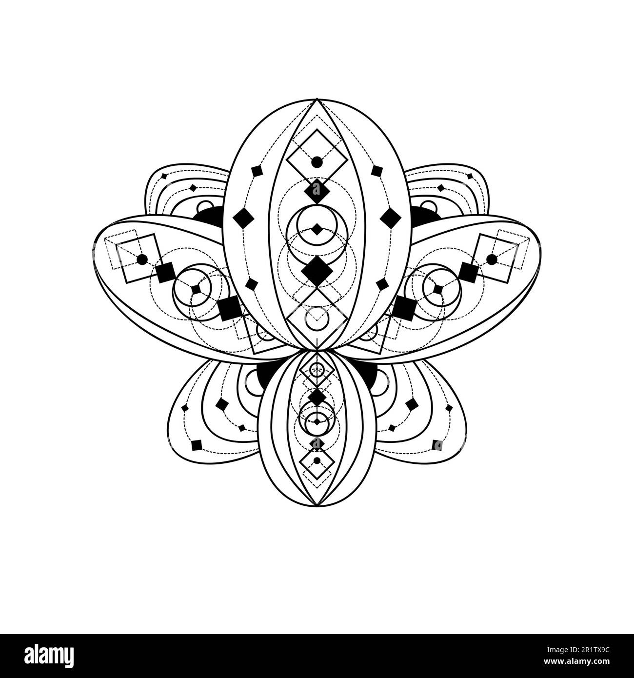 Lotus flower with geometric ornament vector linear illustration. Indian ...