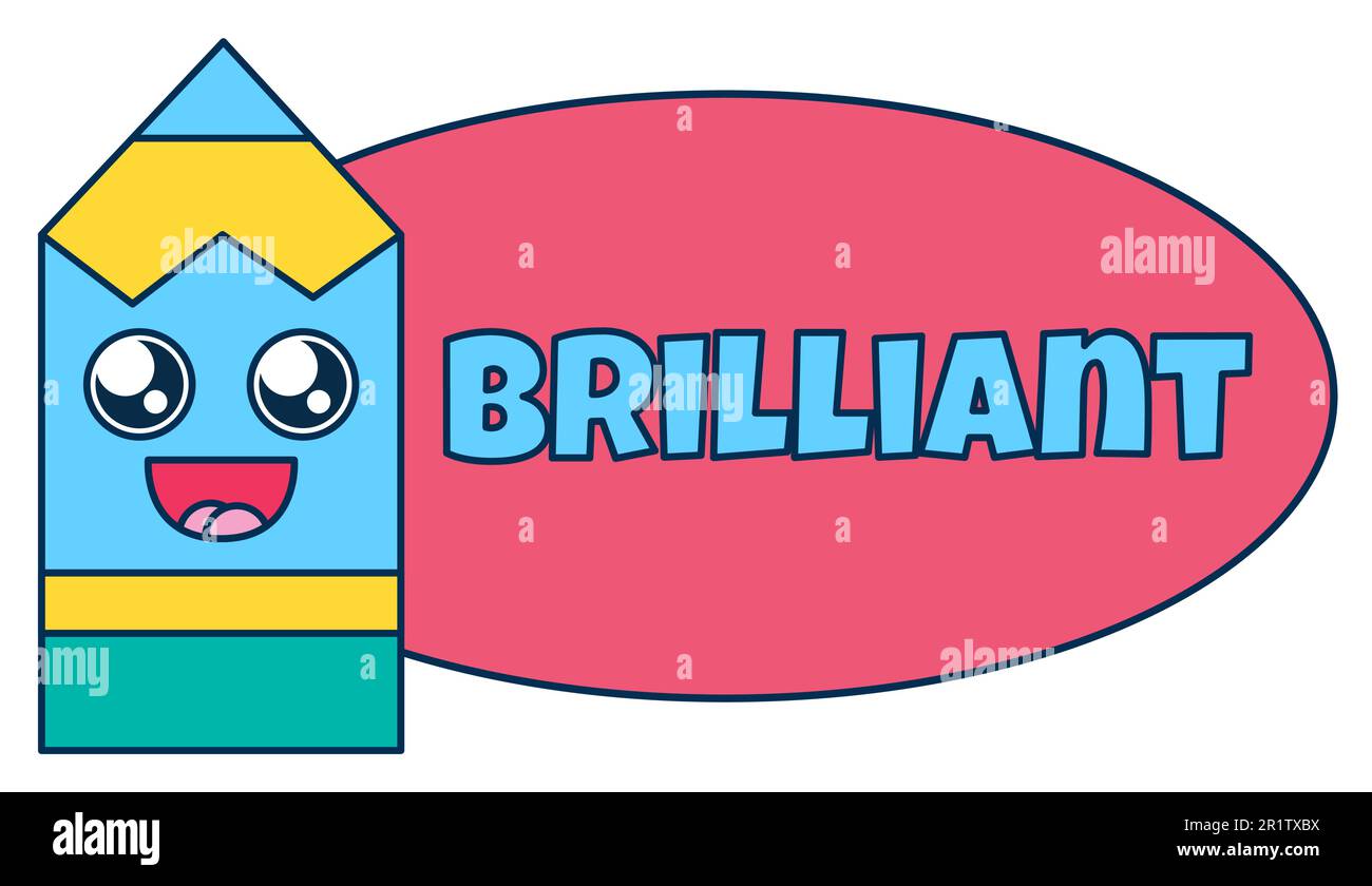 Brilliant teacher reward sticker, cute cartoon school award with smiling pencil. Encouragement