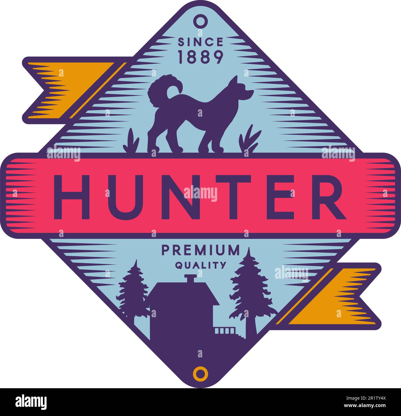 Hunter camp retro color logo template. Recreational park vintage vector symbol. Dog silhouette Stock Vector