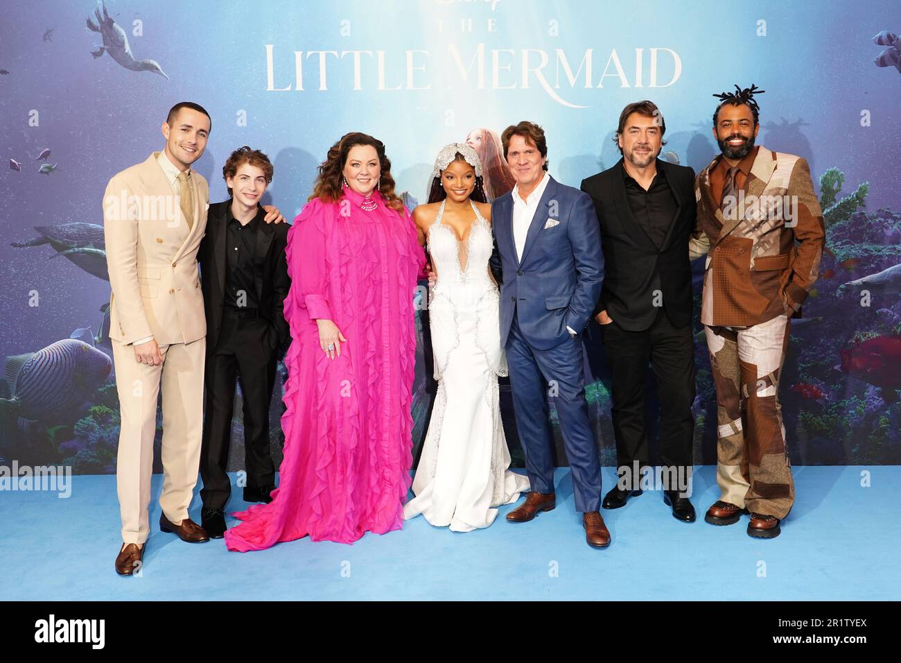 (left to right) Jonah Hauer-King, Jacob Tremblay, Melissa McCarthy, Halle Bailey, Rob Marshall, Javier Bardem and Daveed Diggs attending the UK Premiere of the live action re-imagining of The Little Mermaid, at Odeon Luxe, Leicester Square, London. Picture date: Monday May 15, 2023. Stock Photo