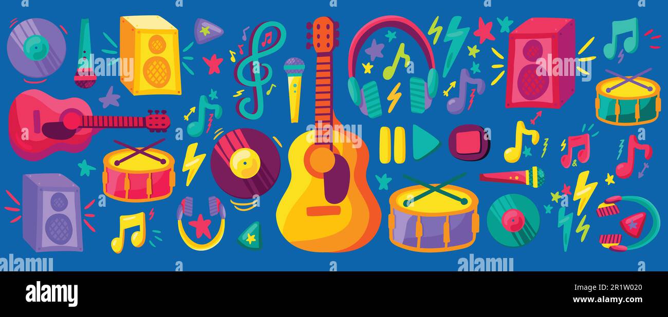 Musical festival flat stickers set. Hand drawn guitar, drums, records collection. Cartoon patches Stock Vector