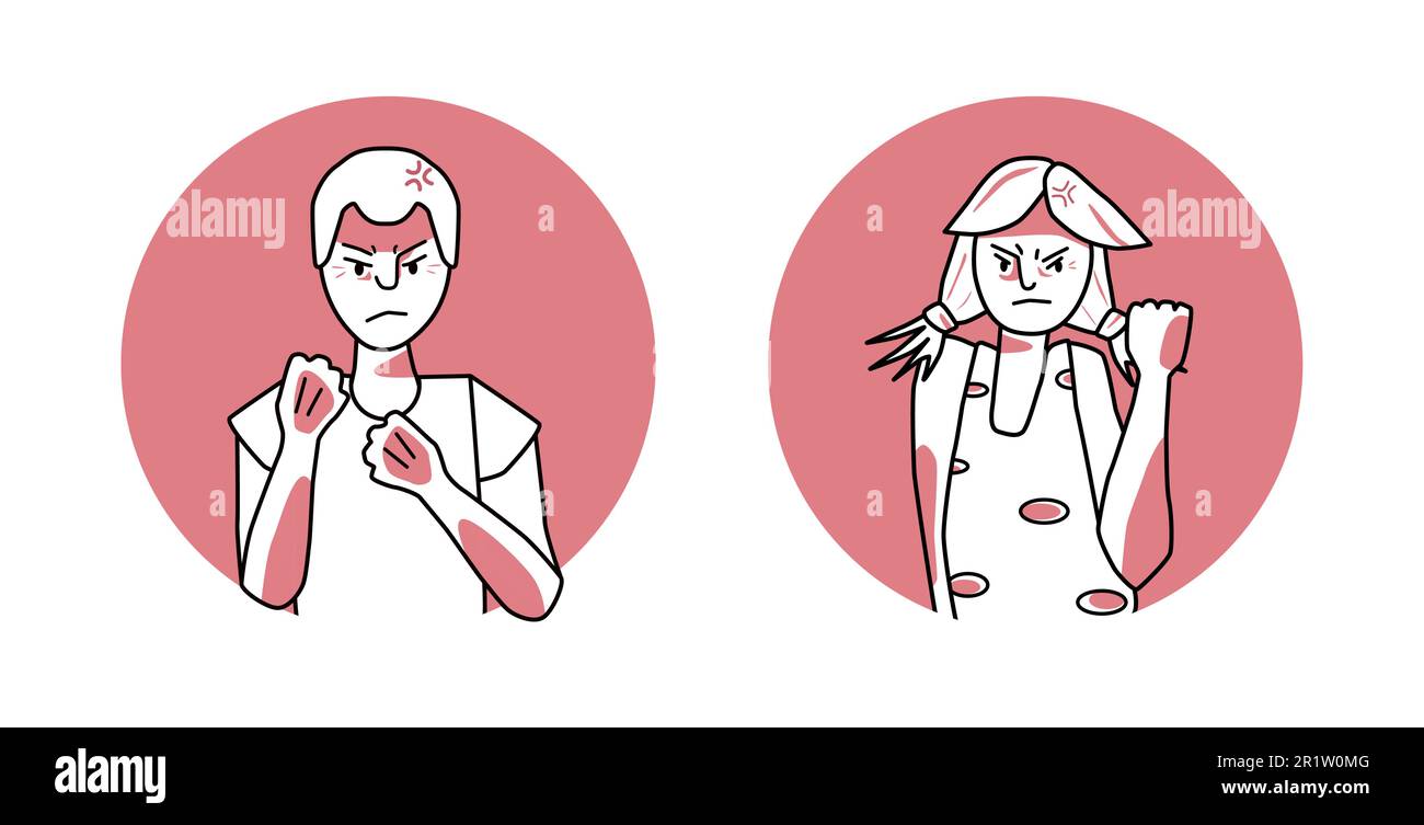 Young boy and girl with angry emotion circle icons, facial expression