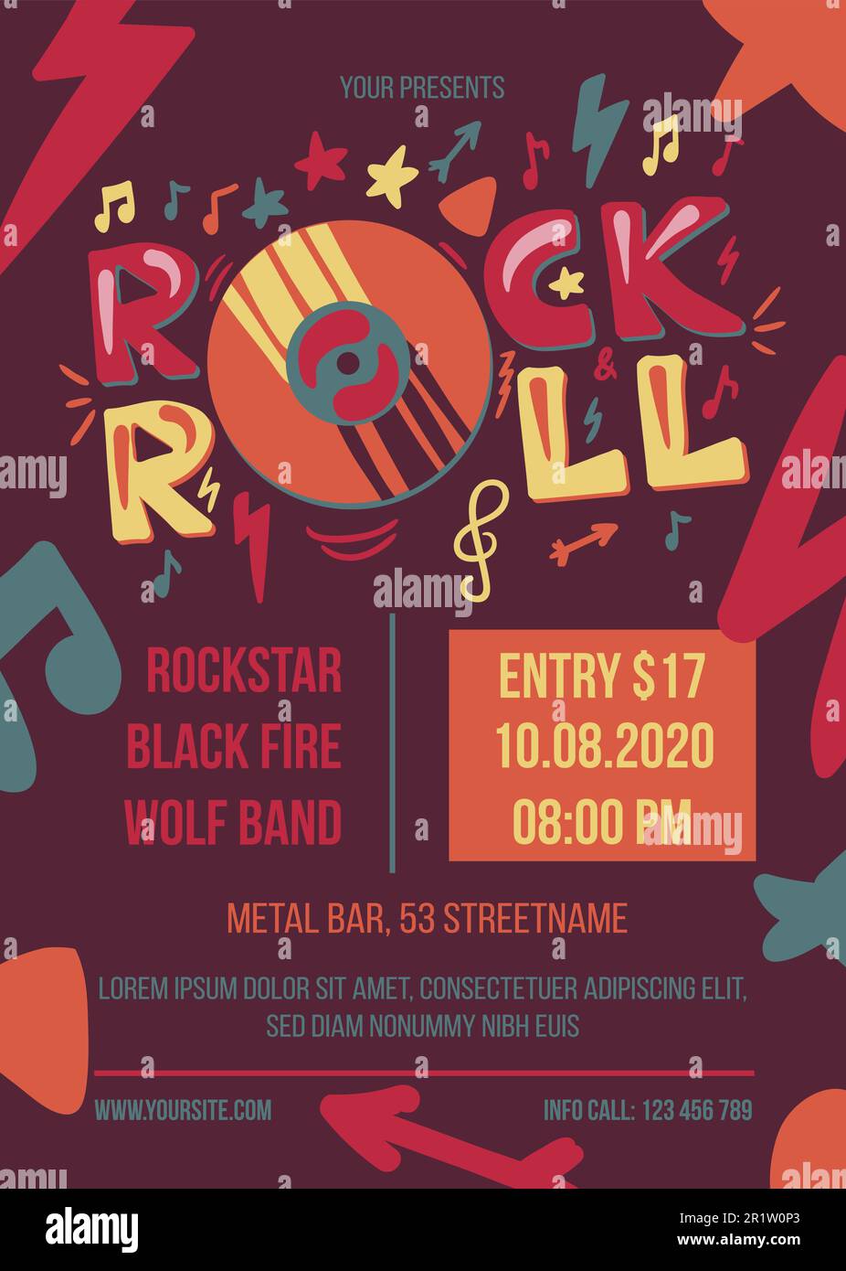 Rock and roll party vector poster template. Entertainment event web banner. Music concert brochure Stock Vector