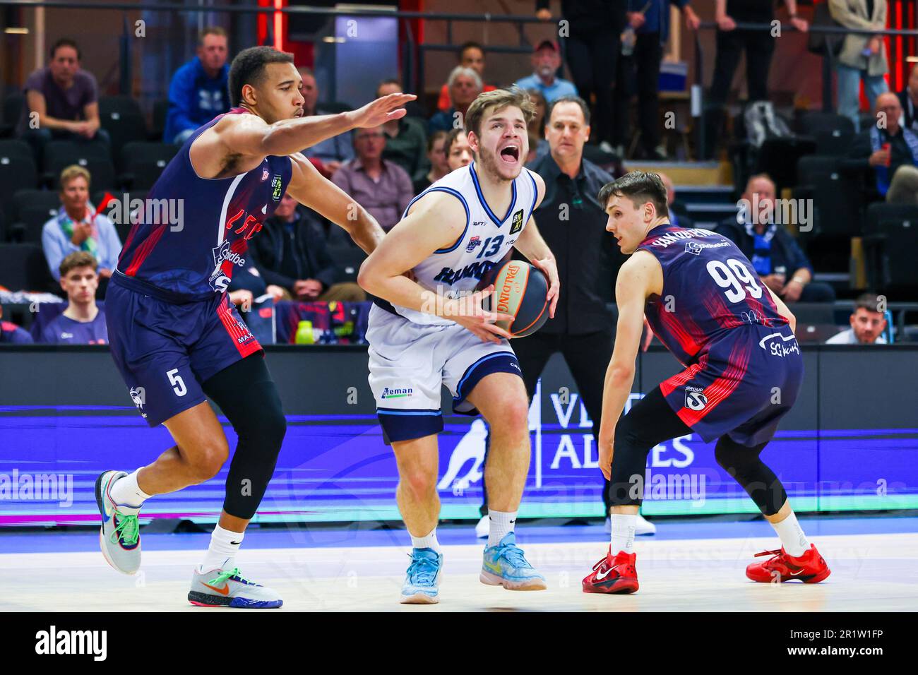 Zwolle, Netherlands. 15th May, 2023. ZWOLLE, NETHERLANDS - MAY 15: Avelon John Jr of RSW Liege Basket, Boyd van der Vuurst de Vries of Landstede Hammers, Niels van den Eynde of RSW Liege Basket during the BNXT League match between Landstede Hammers and RSW Liege Basket at Landstede Sportcentrum on May 15, 2023 in Zwolle, Netherlands (Photo by Albert ten Hove/Orange Pictures) Credit: Orange Pics BV/Alamy Live News Stock Photo