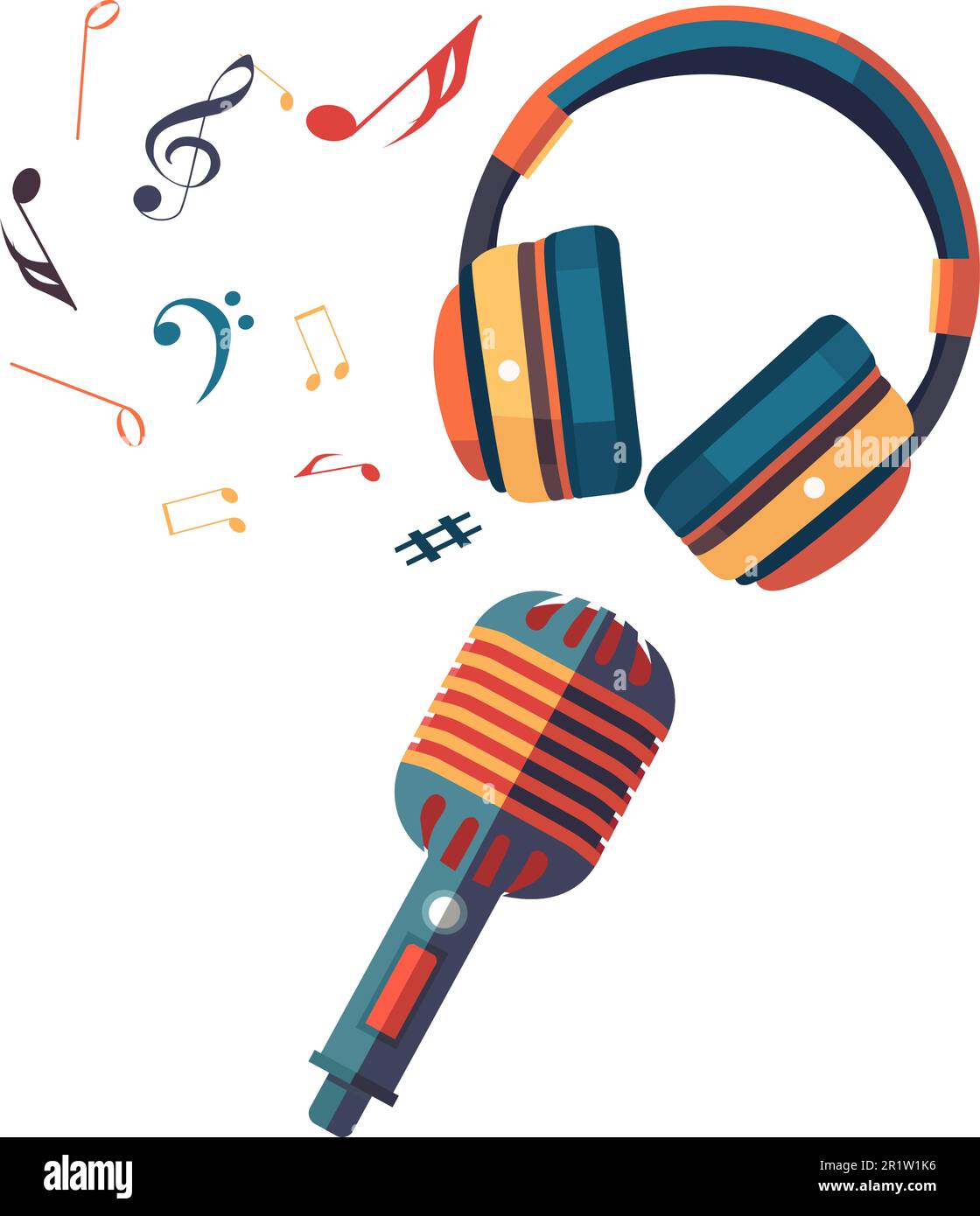 Microphone with headphones and musical notes. Vector illustration in flat technique Stock Vector