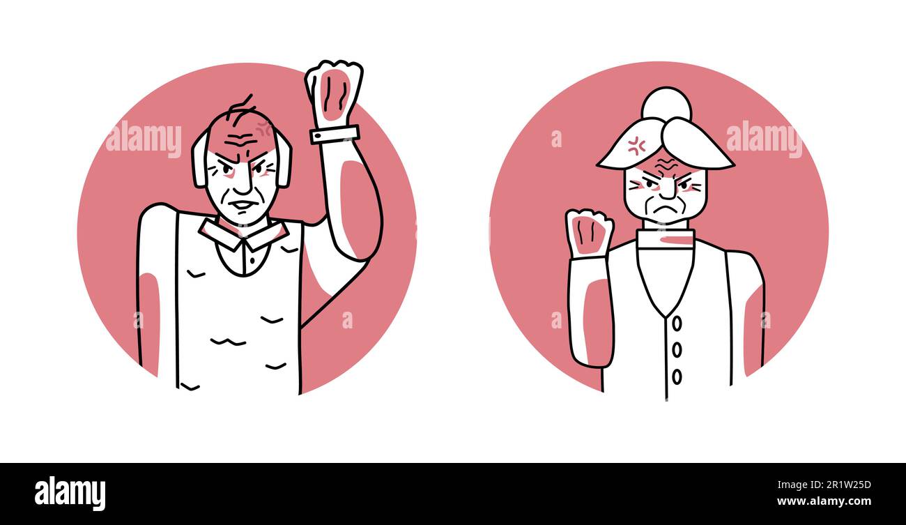 Old man and woman with angry emotion circle icons, facial expression with hands. Annoyed elder people, expressing their negative feelings with gesture Stock Vector