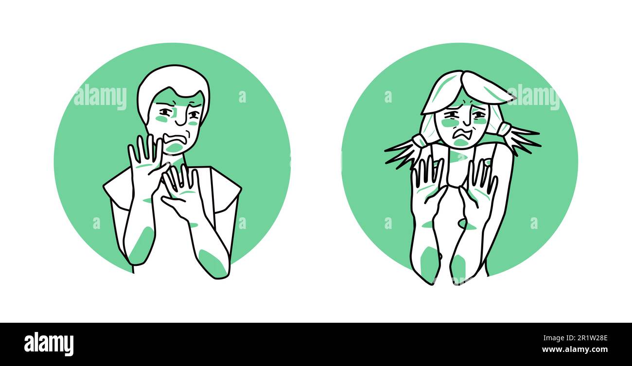 Boy and girl with emotion of disgust circle icons, facial expression with hands. Disgusted teenagers expressing their negative revulsion feeling with Stock Vector