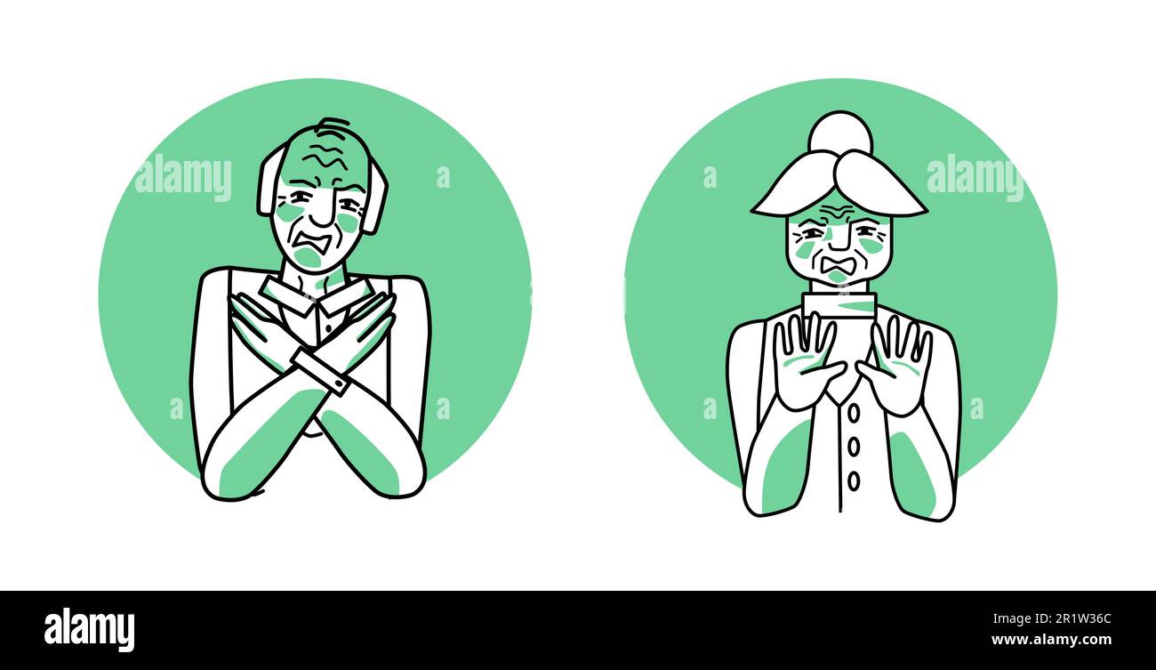 Old man and elder woman with emotion of disgust circle icons, facial expression with hands. Disgusted people expressing their negative revulsion feeli Stock Vector