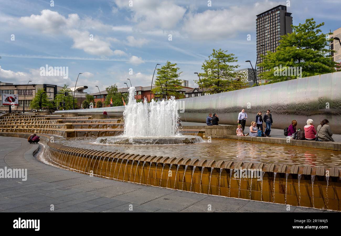 Water feature in Sheaf Square front of Sheffield Railway station, taken in Sheffield, Yorkshire, UK on 18 May 2018 Stock Photo