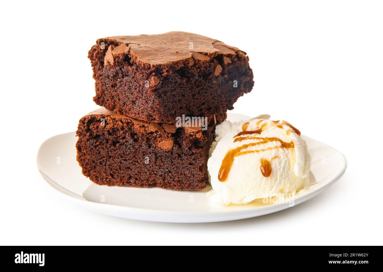 Plate with pieces of tasty chocolate brownie and ice cream on white ...