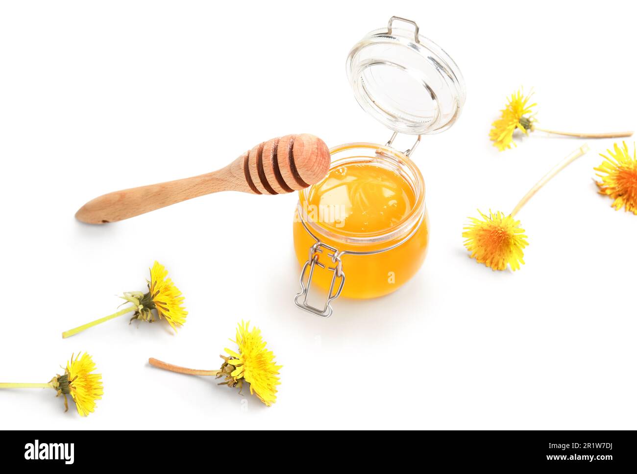 Jar with dandelion honey on white background Stock Photo - Alamy