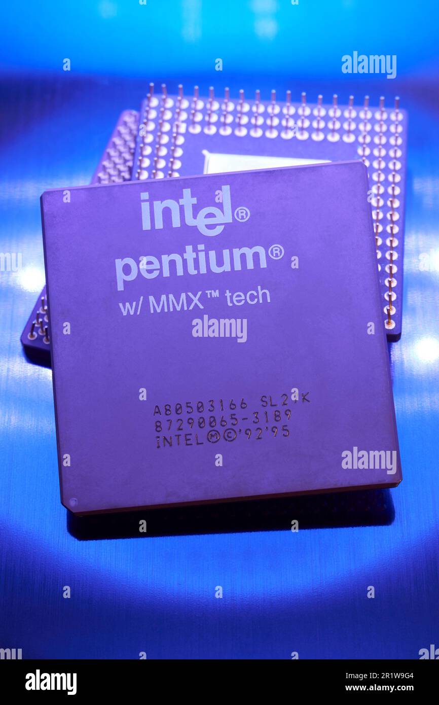 Old Intel Pentium MMX microprocessor close-up. Early Intel Pentium CPU Stock Photo