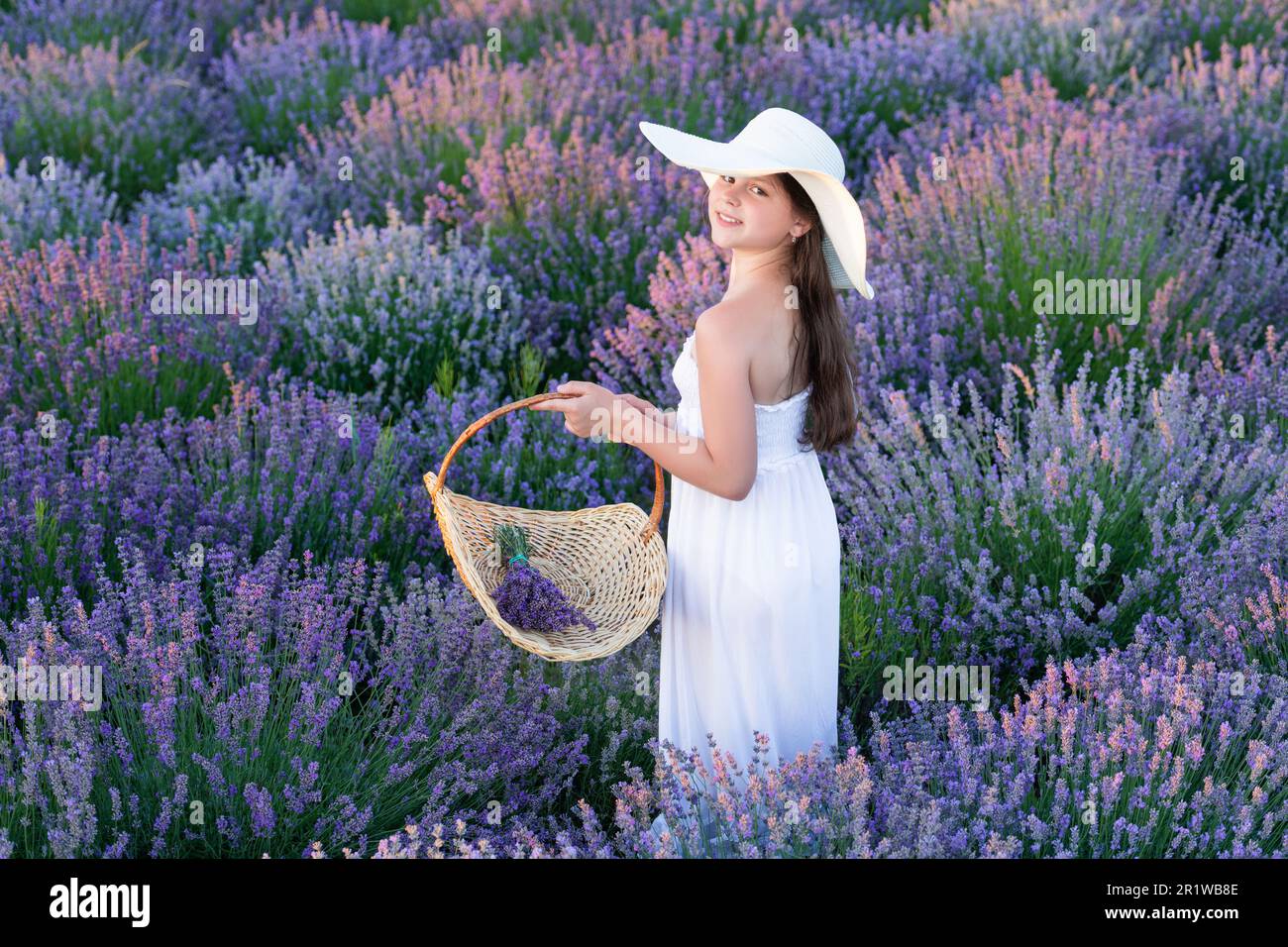 Teen girl in a dress walking in lavender park. glad teen girl with ...