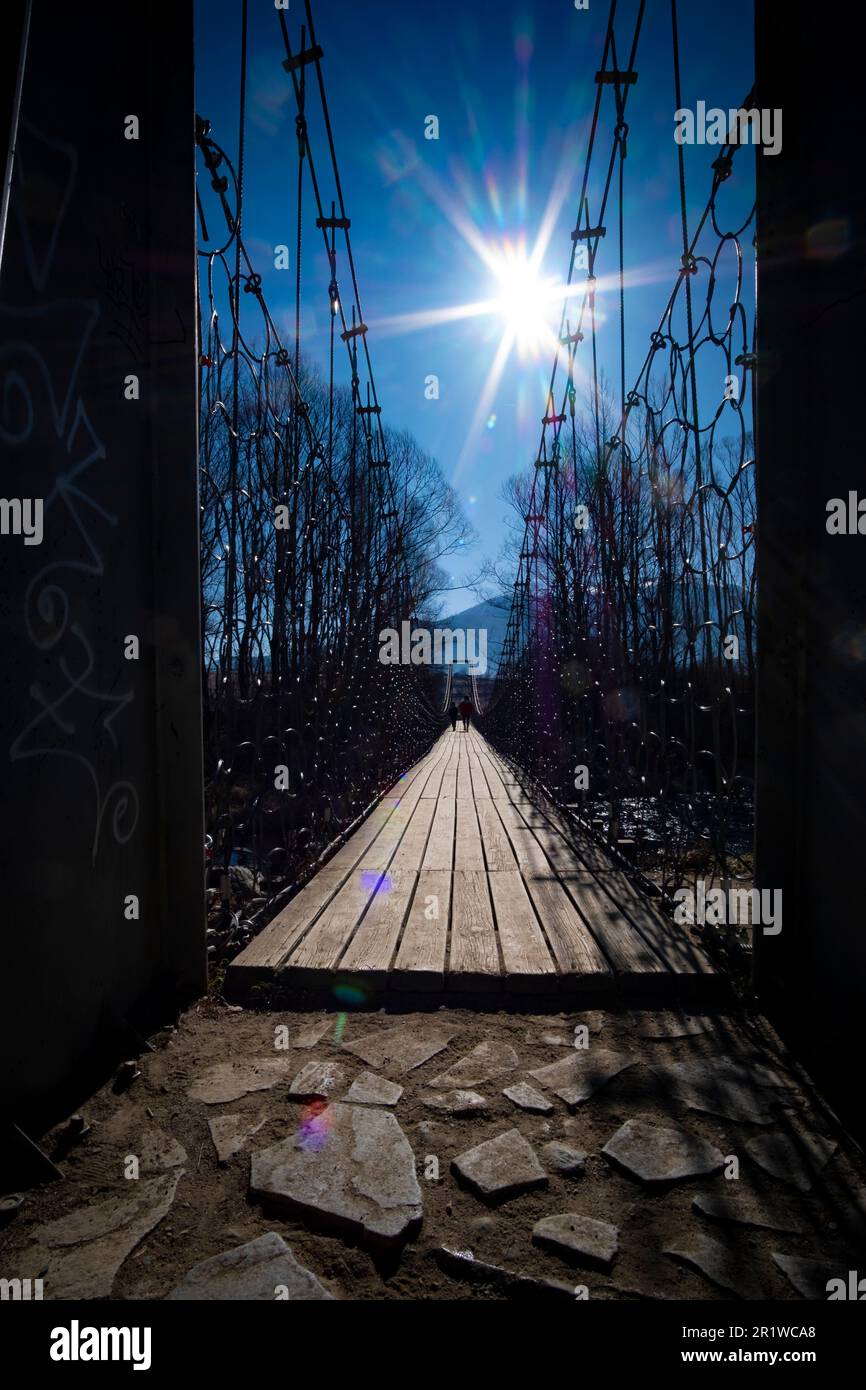 Hardwood timber plank floor on a pedestrian bridge with sunlight