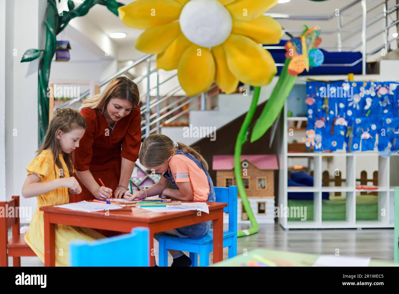 Creative kids during an art class in a daycare center or elementary ...