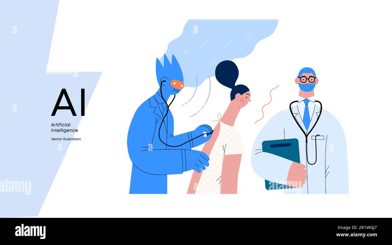 Artificial intelligence, Medicine modern flat vector concept illustration of AI auscultating