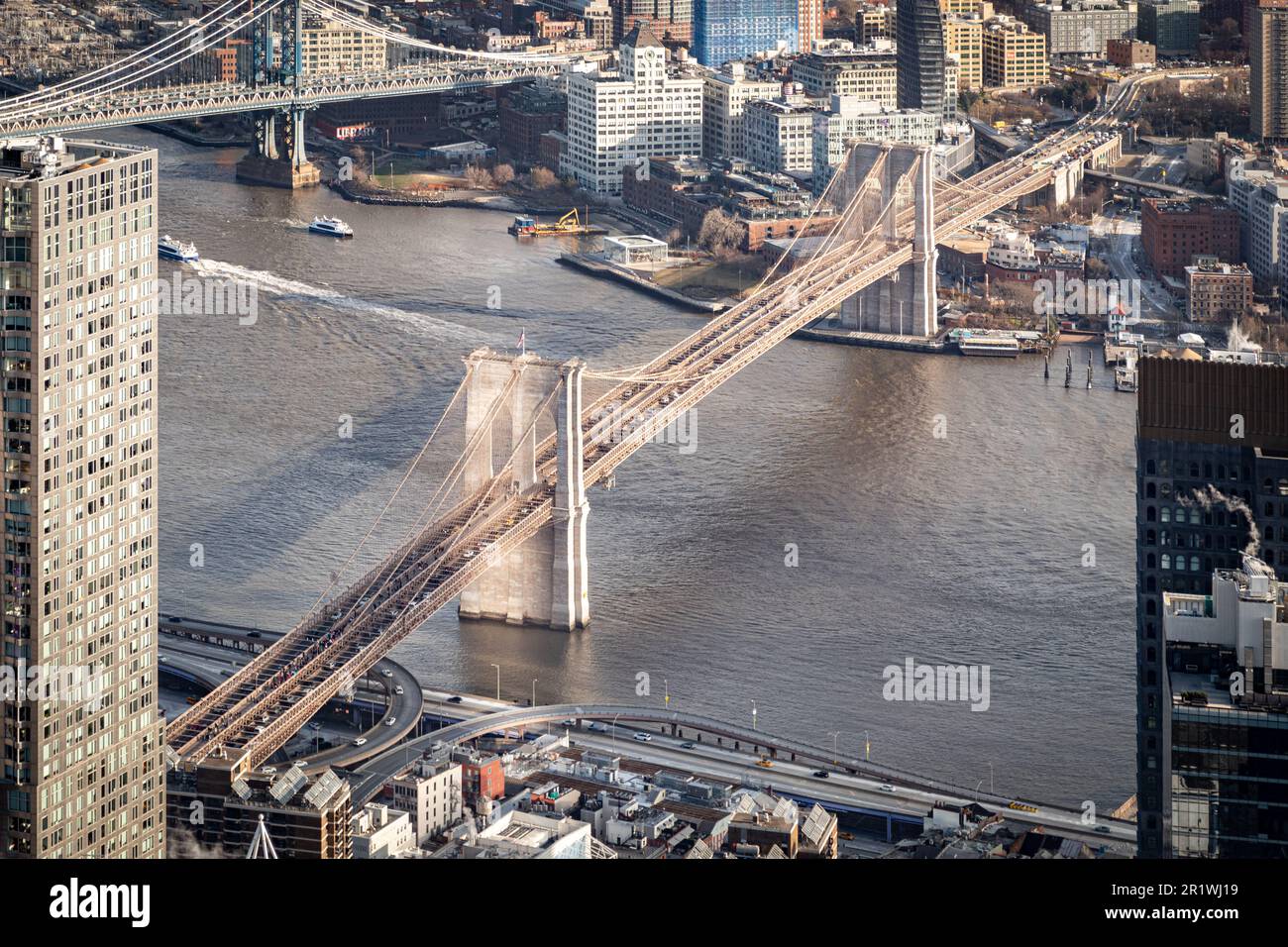 Aerial view of Brooklyn Bridge across the East river in New York Stock ...