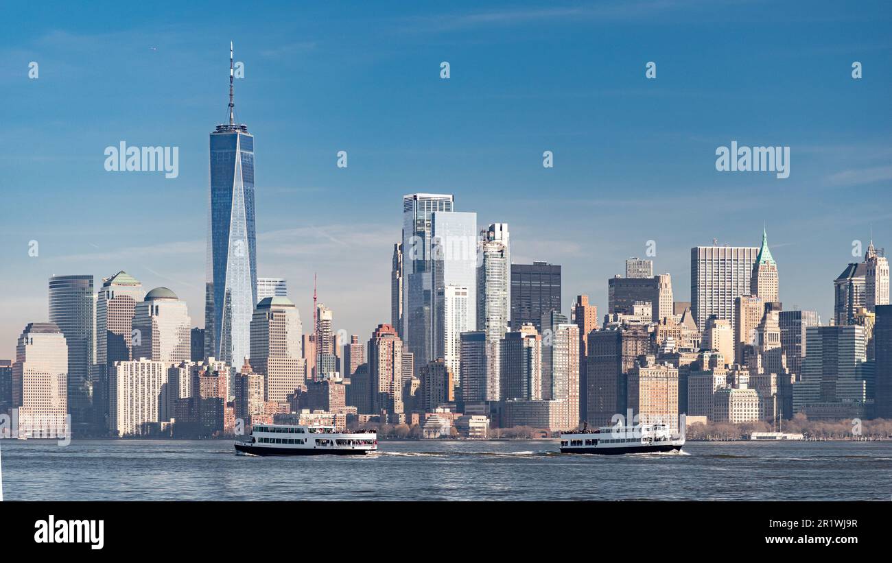 Skyline of lower Manhattan seen from Liberty Island, New York Stock Photo