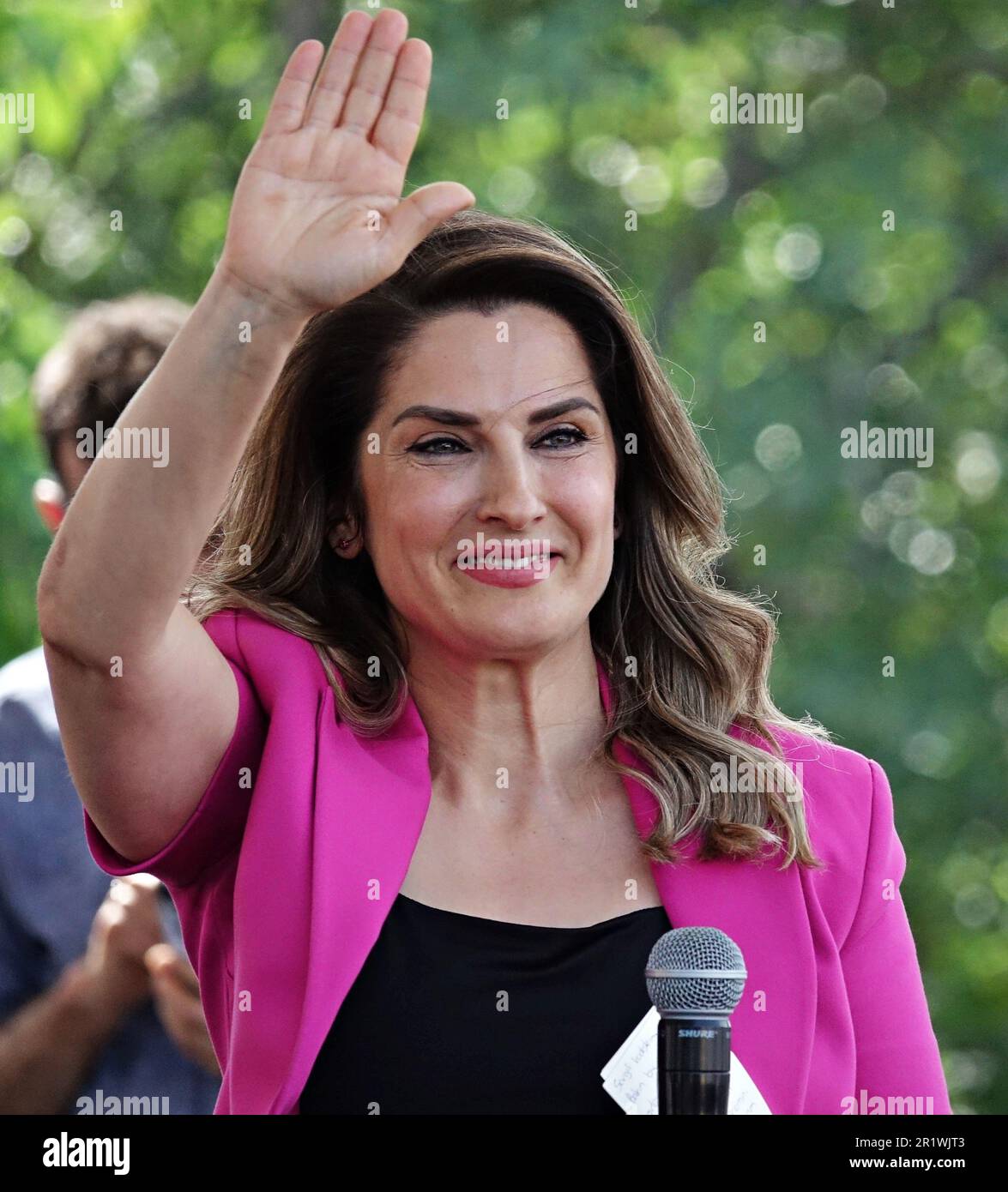 Diyarbakir, Turkey. 13th May, 2023. Basak Demirtas greets people at the Green Left Party's Diyarbakir rally. Basak Demirtas, the wife of Selahattin Demirtas, the former Co-Leader of the Peoples' Democratic Party (HDP), who has been held in prison in Turkey for 7 years, also made a speech by attending a rally organized by the Green Left Party (YSP) in Diyarbakir. Credit: SOPA Images Limited/Alamy Live News Stock Photo