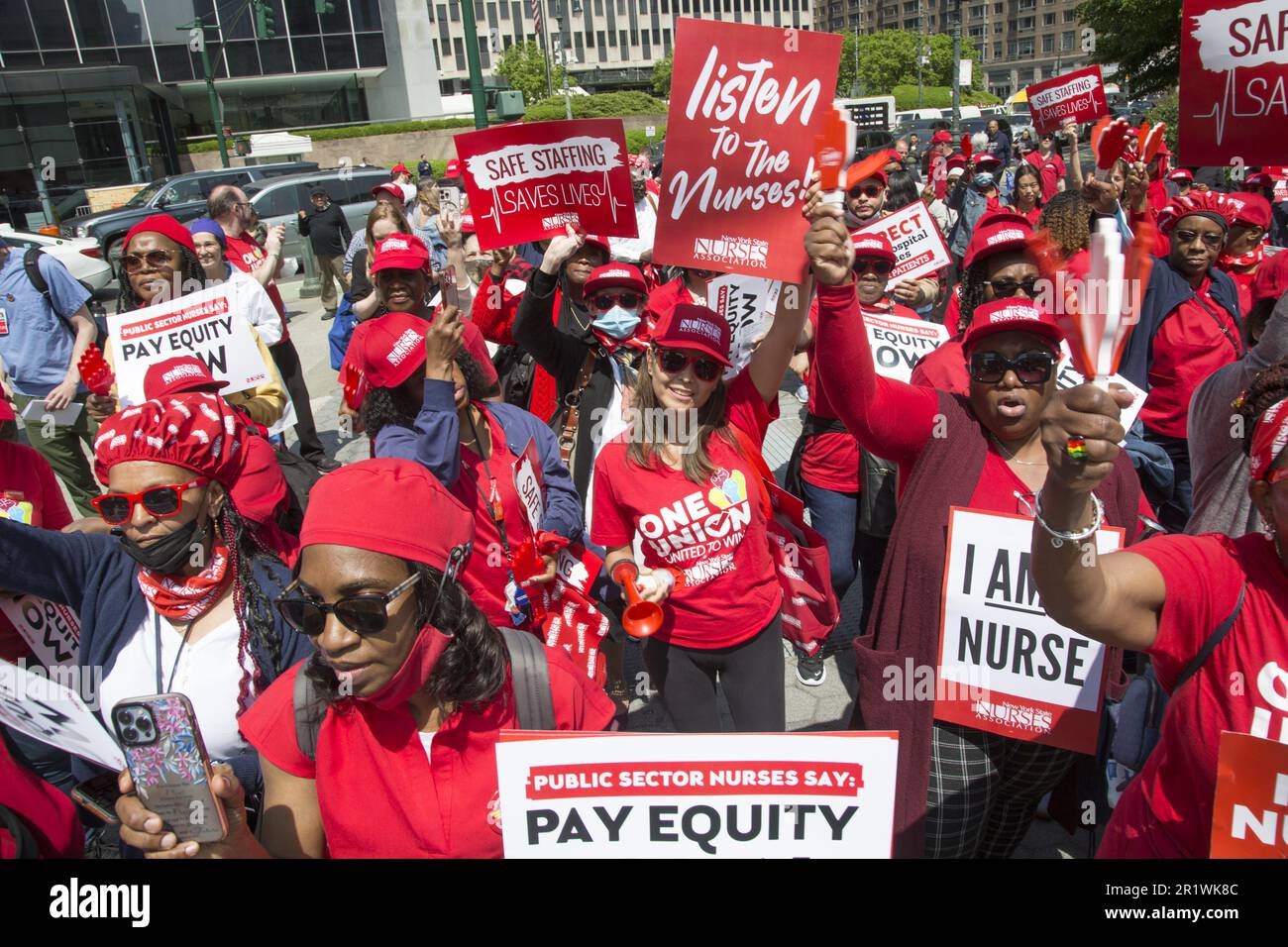 On Wednesday, May 10th, 2023 NYSNA (NY State Nurses Assoc. members) who work for NYC public hospitals and Mayoral agencies held a rally at Foley Square to sound the alarm on the crisis of understaffing and high turnover that threatens care for the vulnerable patients who depend on our city’s public health system. Nurses are calling for pay equity as a matter of healthcare and racial justice. Stock Photo