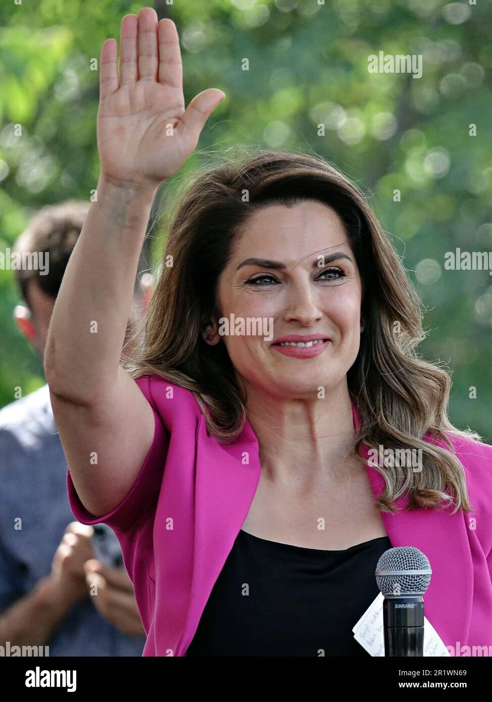 Diyarbakir, Turkey. 13th May, 2023. Basak Demirtas greets people at the Green Left Party's Diyarbakir rally. Basak Demirtas, the wife of Selahattin Demirtas, the former Co-Leader of the Peoples' Democratic Party (HDP), who has been held in prison in Turkey for 7 years, also made a speech by attending a rally organized by the Green Left Party (YSP) in Diyarbakir. (Credit Image: © Mehmet Masum Suer/SOPA Images via ZUMA Press Wire) EDITORIAL USAGE ONLY! Not for Commercial USAGE! Stock Photo