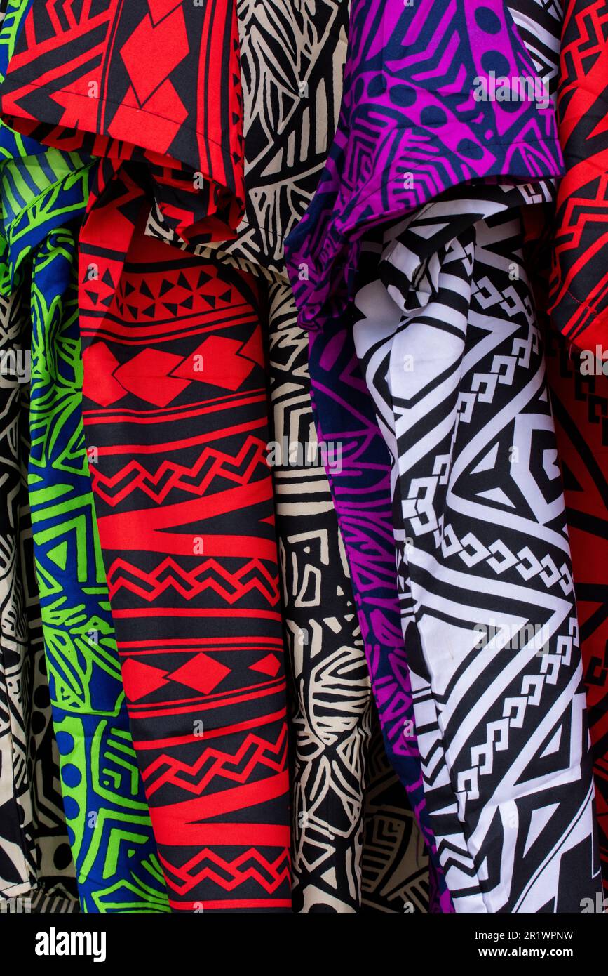 The Kingdom of Tonga, Neiafu. Brightly colored souvenir shirts. Stock Photo