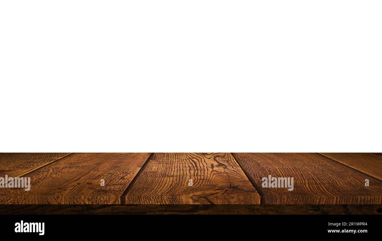 Wood table front view with blank white background for product display