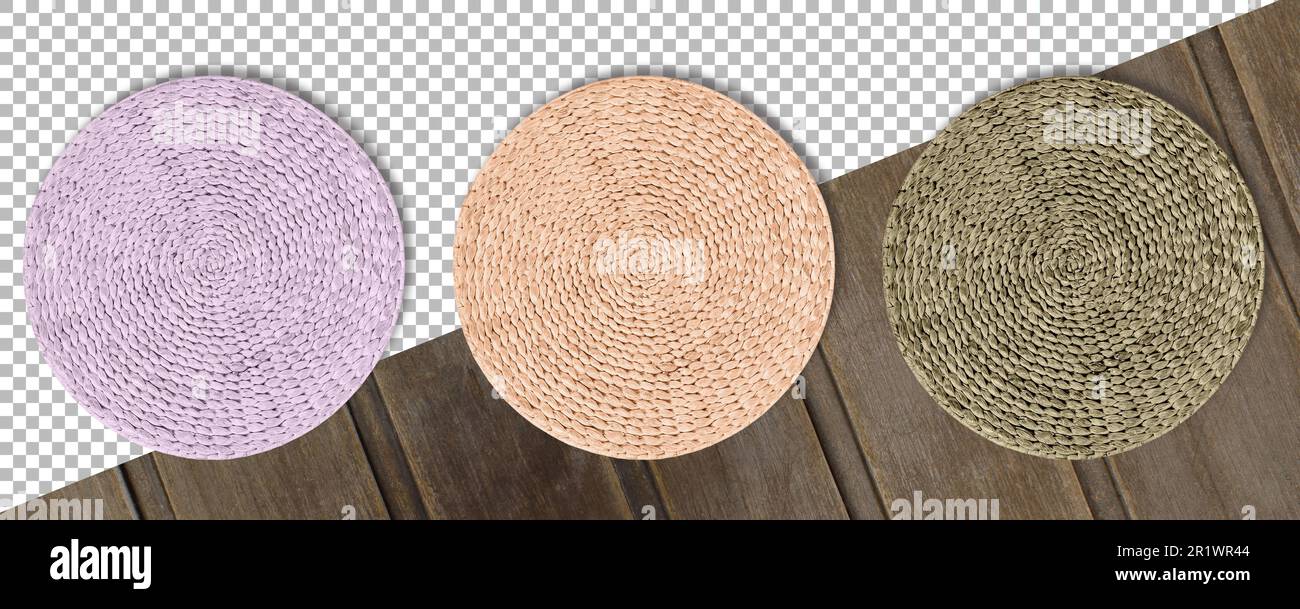 Set colored Round woven straw mats isolated against transparent ...