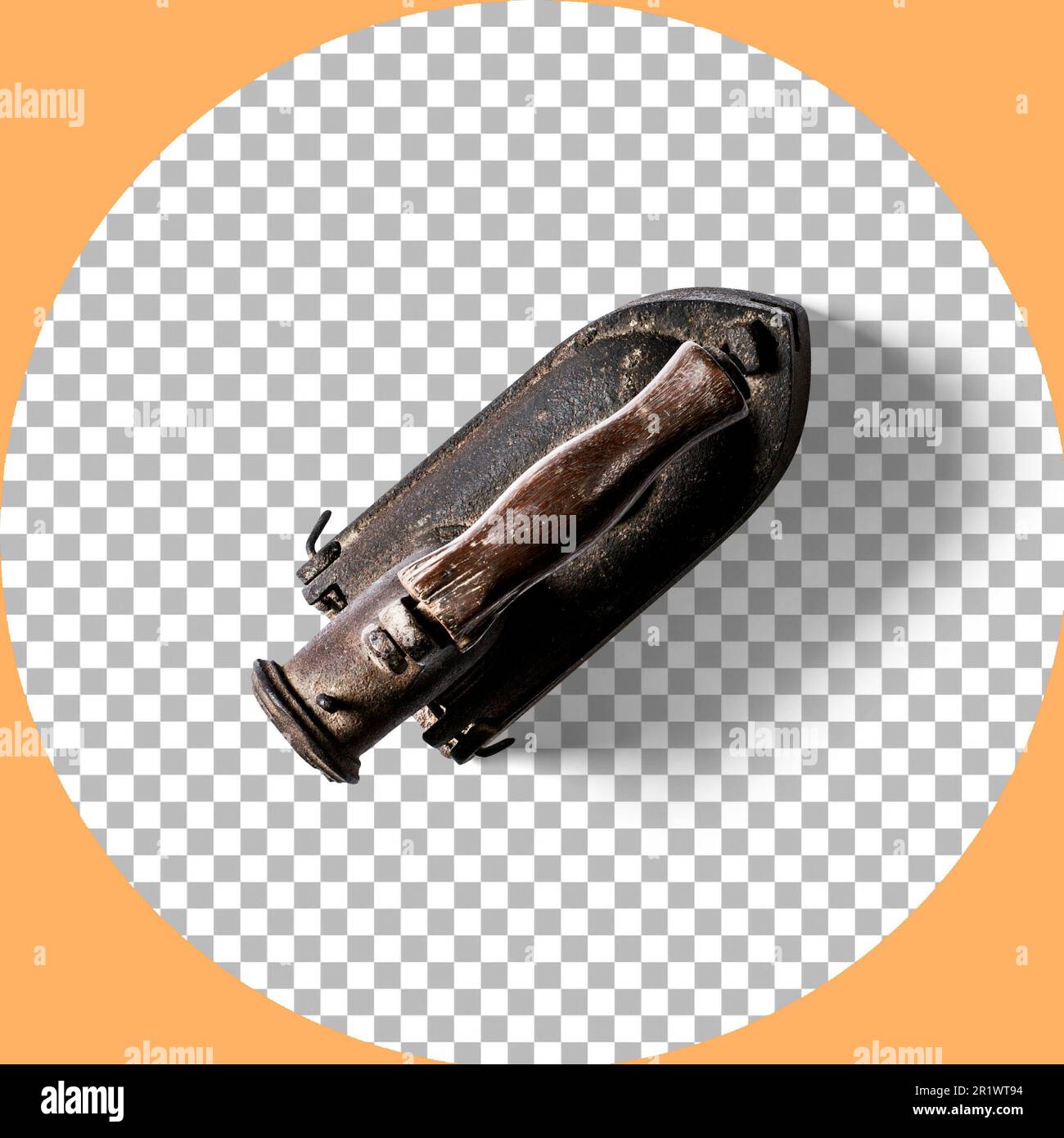 Top up view vintage coal iron isolated on transparent. Stock Photo