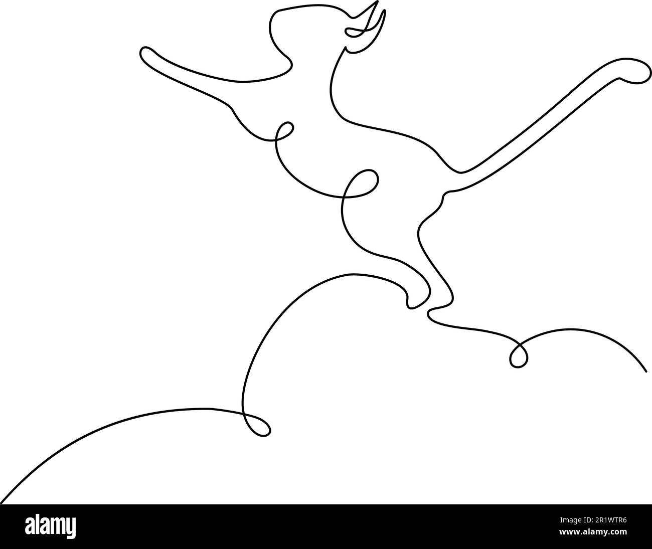 Abstract image of a cat jumping up drawing in one continuous line. Happy cat day. Minimalist art design for poster, banner, brochures or price tag, label or cards. Sticker. Icon. Isolate. Vector. EPS Stock Vector