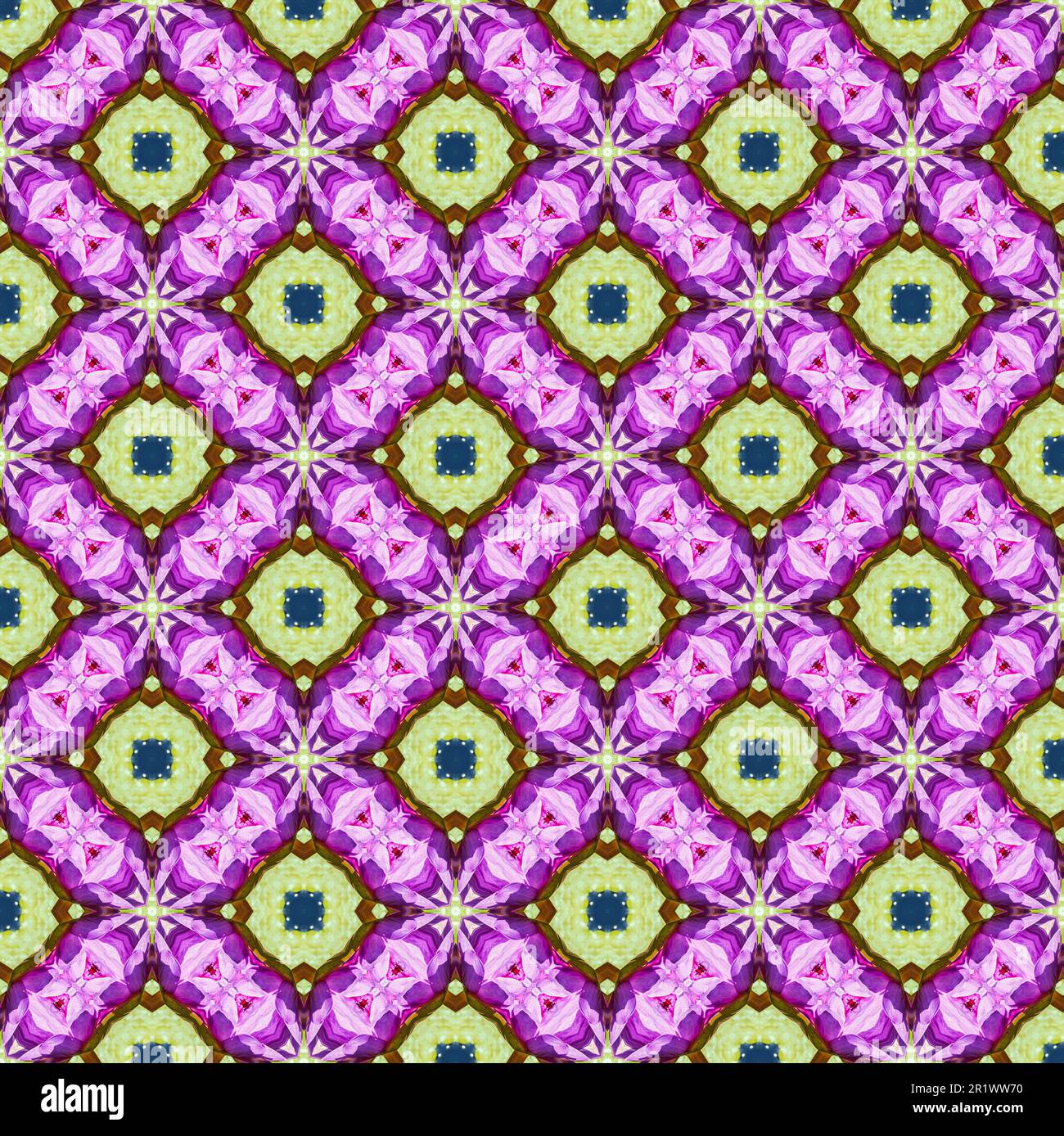 Painterly seamless pattern repeating geometric and organic motif design with spring summer elements,pink purple green abstract background. Stock Photo