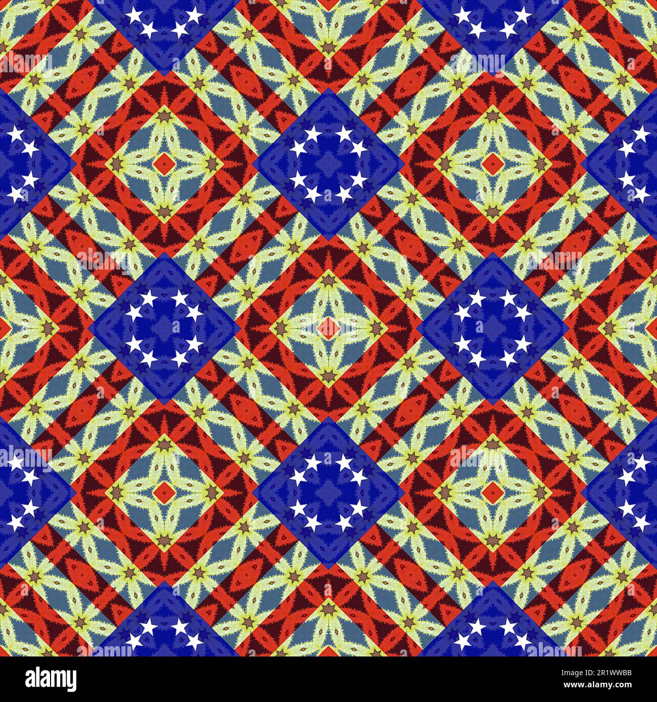 Intricate red white blue and yellow gold seamless pattern with star design motifs for the Fourth of July, Independence Memorial or Labor Day holidays Stock Photo