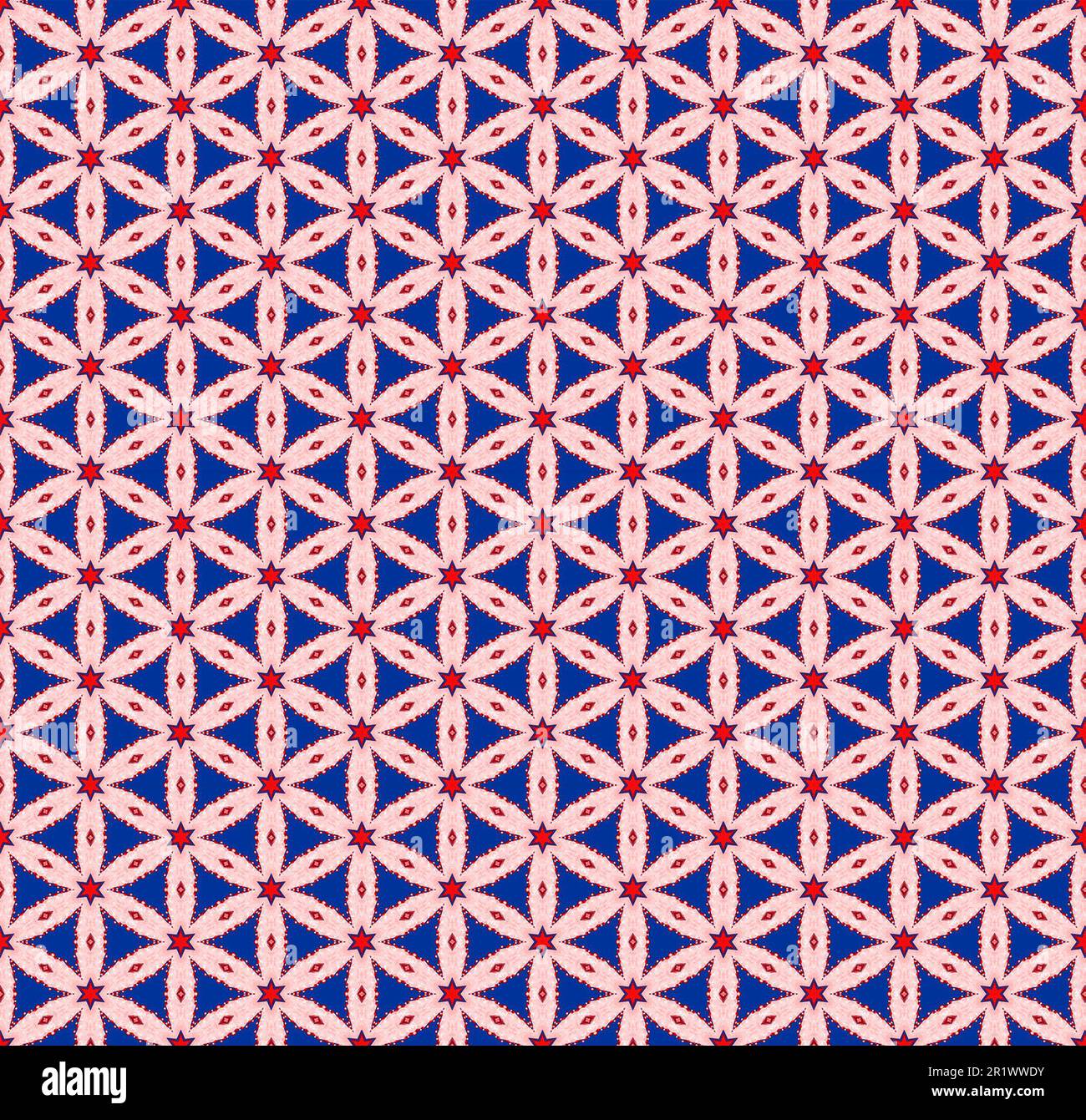 Red white and blue design with star shapes geometric seamless pattern digital art design. Abstract graphic for background wallpaper. Stock Photo