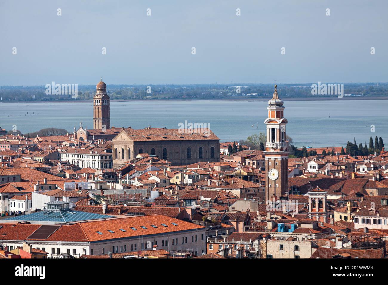 Aerial view of the campanile of the church of San Apostoli with behind, the Scuola vecchia della Misericordia (Old school) and the Church of Madonna d Stock Photo