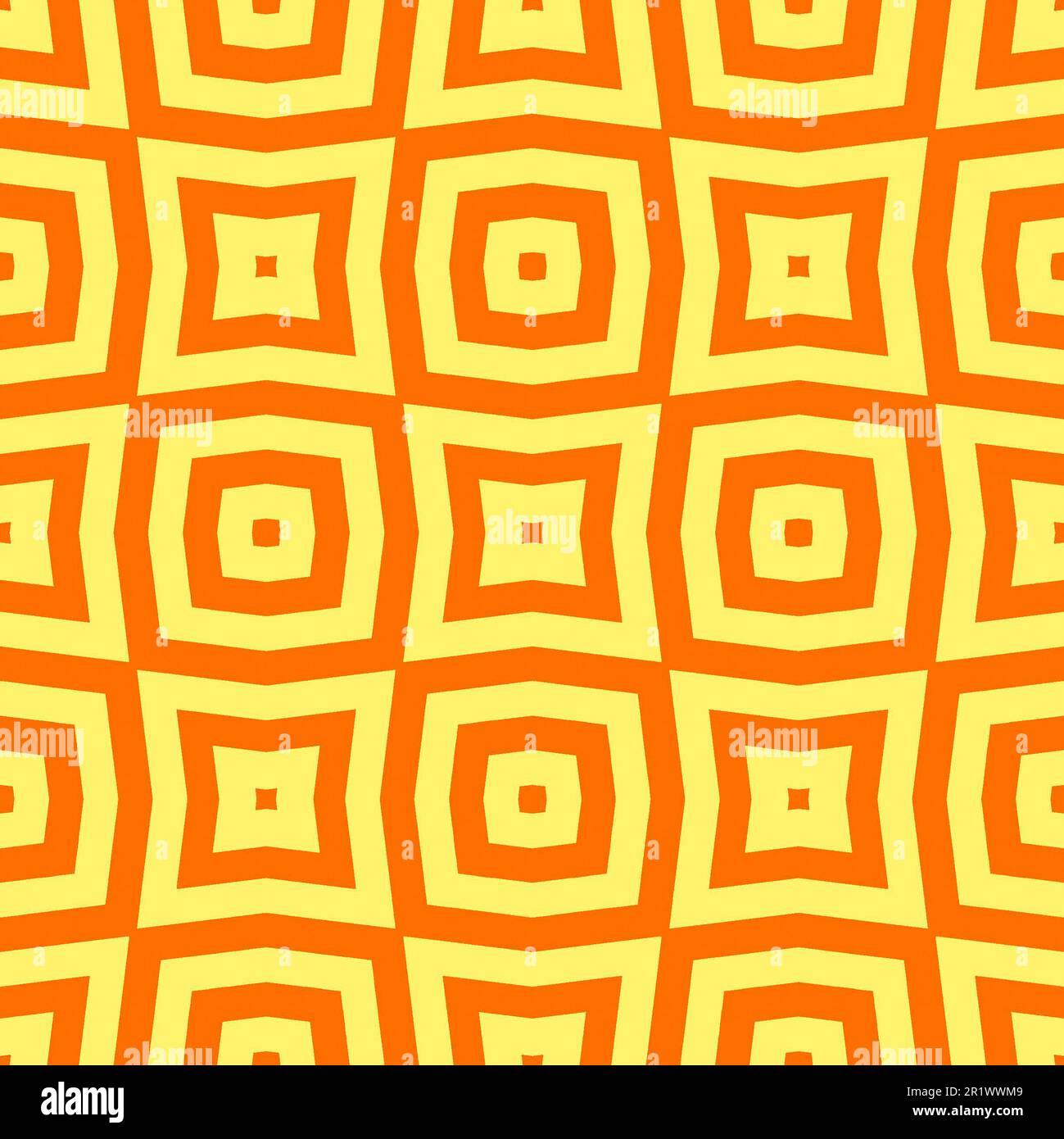 Mod orange and yellow op art wavy psychedelic lines and concentric squares repeating seamless pattern. Abstract background for Halloween fall autumn Stock Photo